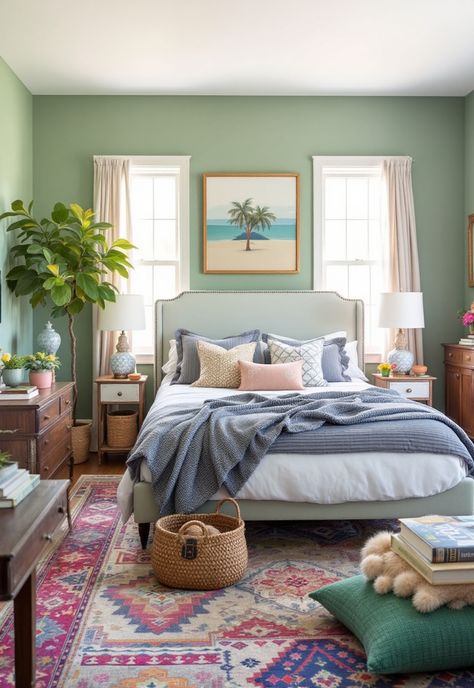 Sage Green Farmhouse Bedroom Sage Green And Blue Bedroom Ideas, Sage Green Room Aesthetic, Sage Green Farmhouse Bedroom, Green Farmhouse Bedroom, Light Green Bedroom, Sage Green Farmhouse, Seafoam Green Bedroom, Sage Green Bedroom Ideas, Light Green Bedrooms