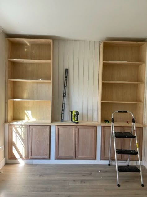 Easy Diy Office Built Ins, Diy Office Shelves Bookshelves, Office Ideas With Built In Shelves, Home Office With Shelving, Diy Tv Built In Wall, Homemade Built In Shelves, Easy Diy Office Built Ins With Desk, Cheap Built Ins, Easy Built In Cabinets