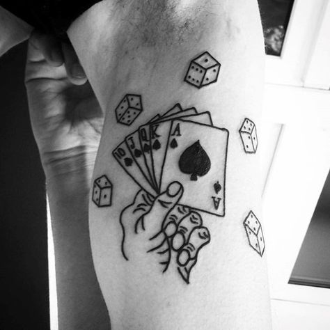 Bicep Playing Card Black Ink Outline Guys Tattoo Holding Cards Tattoo, Hand Holding Cards Tattoo, Playing Card Tattoo, Card Tattoos, Joker Card Tattoo, Poker Tattoo, Playing Card Tattoos, Cards Tattoo, Lucky Design