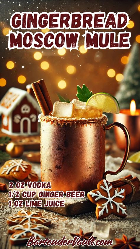 44 Winter Cocktail Recipes for a Festive 2024 and 2025 3 Moscow Mule Christmas Recipe, Festive Moscow Mule, Russian Mule Recipe, Gingerbread Moscow Mule, Gingerbread Cocktail Holiday Drinks, Holiday Mules Cocktail Recipes, Moscule Mule, Christmas Moscow Mule Recipe, Holiday Mule