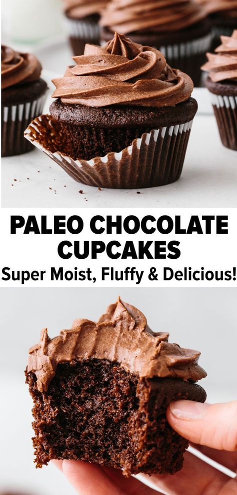 The BEST paleo chocolate cupcakes are extremely moist, decadent and rich, with a perfectly fluffy texture. You'll never know they're gluten-free and dairy-free! #paleorecipes #paleodessert #cupcakes #chocolatecupcakes Paleo Chocolate Cupcakes, Sugar Free Cupcakes, Paleo Cupcakes, Dark Chocolate Frosting, Autoimmune Paleo, Paleo Recipes Easy, Low Carb Dessert, Tapioca Flour, Paleo Chocolate