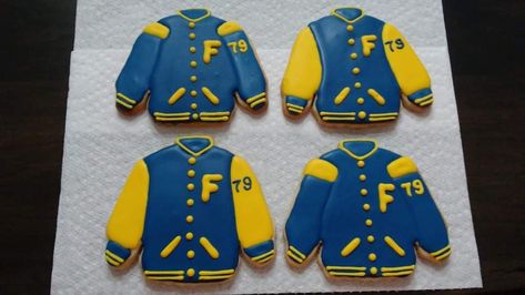 Letterman Jacket, Sugar Cookie Designs, Cookie Designs, Sugar Cookies, Cookie Decorating, Varsity Jacket, Sugar Cookie, Sweatshirts