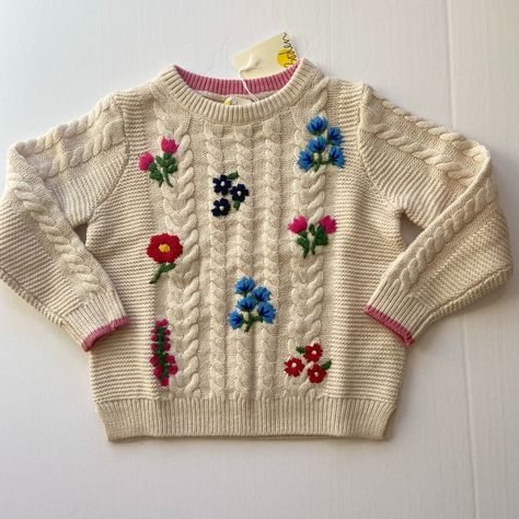 Nwt Mini Boden -- She'll Adore The Pretty Flowers Embroidered On This Lovely Ecru Cable Knit Sweater And Its Chunky Knit Will Keep Her Warm On A Breezy Day. Pair With A Corduroy Twirly Skirt, Corduroy Pants, Or Jeans And She'll Be Comfy And Stylish For 3-Season Fun. 45% Polyamide, 30% Cotton, 25% Wool. Delicate Machine Wash, Dry Flat, Do Not Dry Clean. Size 4/5 Years. Mint Sweater, Owl Sweater, Toddler Graphic Tee, Blush Sweater, Boden Kids, Puff Sleeve Cardigan, Fox Sweater, Twirly Skirt, Flowers Embroidered