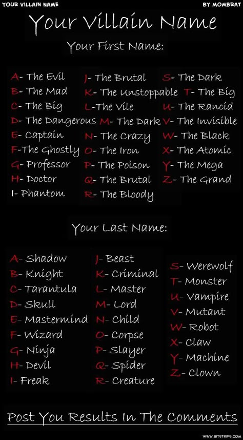 Villain Writing, Funny Name Generator, Werewolf Name, Name Maker, Birthday Scenario, Villain Names, Female Pose, Female Villains, Fantasy Names