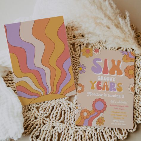 Six Groovy Years Invitation | 6th Birthday Invite - Birthday Invitation Two Groovy Invitation, Groovy Invitations, Groovy Birthday Invitation, Two Groovy Birthday Party, Two Groovy Birthday, Groovy Birthday Party, Groovy Party, Two Groovy, Groovy Birthday