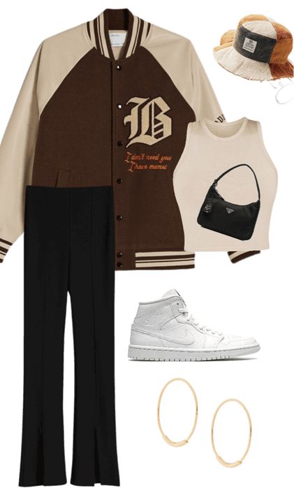 Varsity Jacket Outfit Aesthetic Korean, Fits With Varsity Jacket, Outfit Jacket Varsity, Varsity Jacket Styling, Varsity Jackets Women Outfit, Styling Varsity Jacket Women, Varsity Jacket Outfit Women Street Style, How To Style Varsity Jacket, Beige Varsity Jacket Outfit