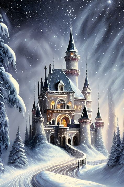 Christmas Castles, Winter Fantasy Castle, Winter Castle Wallpaper, Fantasy Snow Castle, Castle In Snow Aesthetic, Snowy Castle Aesthetic, Christmas Castle, Postcard Project, Winter Drawings