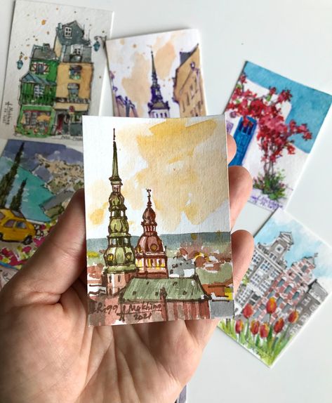 Art Inspo Watercolour, Small Watercolor Paintings, Mini Watercolor Paintings, Shipping Artwork, Small Watercolor, Artistic Ideas, Diy Watercolor Painting, Architecture Drawing Art, Riga Latvia