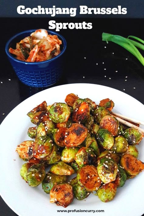 Roasted Brussel Sprouts With Gochujang, Vegan Recipes With Gochujang, Recipes With Gojuchang, Gochujang Recipe Dishes Vegetarian, Vegetarian Gochujang Recipe, Gochujang Brussels Sprouts, Korean Brussel Sprouts, Gochujang Recipe Vegetarian, Gochujang Zucchini