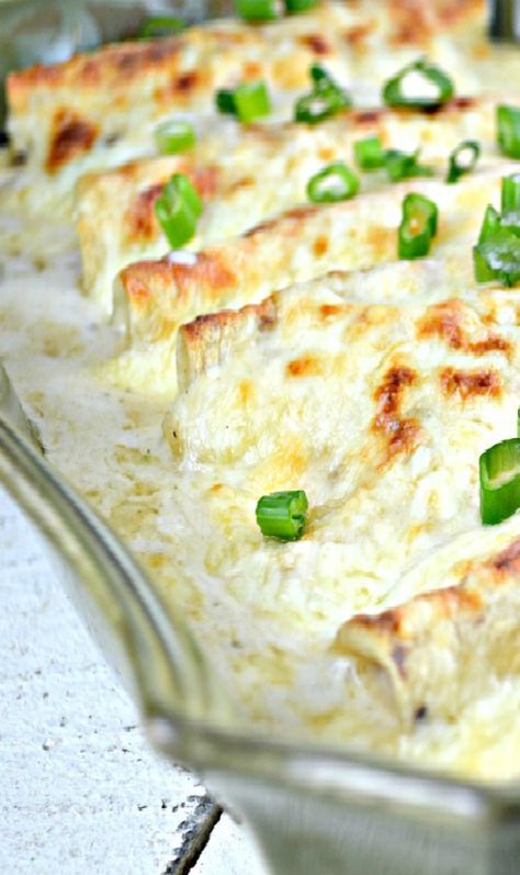 Amazing Chicken Enchiladas with Homemade Sour Cream White Sauce--No Soup. These are easy to make and off the charts delicious! Super Cheesy, Lots of Chicken and a Creamy Rich Sauce! Homemade Sour Cream, White Chicken Enchiladas, Amazing Chicken, Sour Cream Sauce, Queso Dip, Awesome Recipes, White Sauce, Latin Food, Chicken Enchiladas