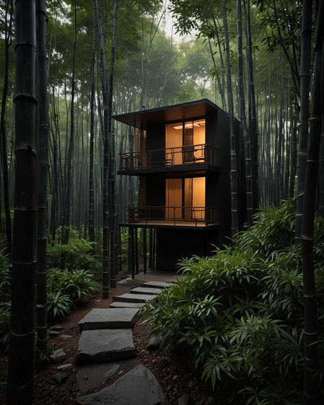 🖤 Black Bamboo Forest House: A minimalist house constructed primarily from black bamboo, offering a contemporary twist on traditional Japanese architecture and seamlessly integrating with the surrounding bamboo forest. #blackbamboo #japanesearchitecture #modernliving #minimalistdesign #forestlife #naturelovers #bamboolove #sustainableliving #embracethedark #inspirationfound #luxurylifestyle #interiordesign #architecturephotography #travelgram #explorepage #cabinlife #tinyliving #offgridlivin... Japanese Forest House, Chinese Mood Board, Japanese Minimalist Home, Japanese Tiny House, Black Architecture, Extension Styles, Traditional Japanese Architecture, Japanese Forest, Japanese Minimalist