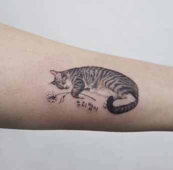 Tabby Cat Tattoo Designs, Cat Tattoo Tabby, Daisy Cat Tattoo, Cat Stretching Tattoo, Tabby Cat Tattoo, Into Tattoo, Animal Tattoo Designs, Bestie Tattoo, Cat Obsession