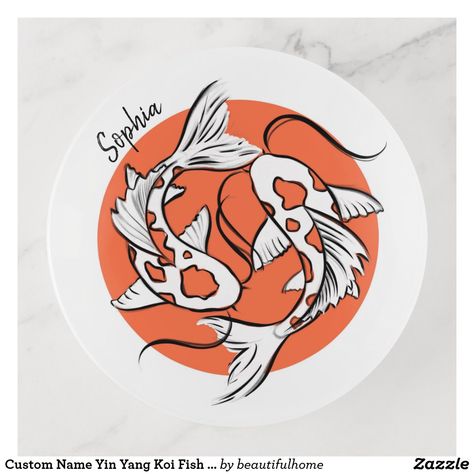 Custom Name Yin Yang Koi Fish Art Ring Dish. Japanese koi fish art decorates this beautiful personalized ring dish. The illustration is done in orange, black and white. It shows two koi fish drawn in such a way to resemble a yin and yang symbol adding a new layer of beauty to it. It's personalized with a custom name printed in cursive script in a handwriting style. Customize it by replacing the sample name Sophia with your own name. Aesthetic Fishing, Koi Fish Illustration, Yin Yang Koi Fish, Fish Tank Ideas, Fish Aesthetic, Koi Fish Art, Yin Yang Koi, Fish Tank Themes, Koi Fish Drawing