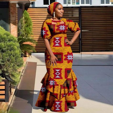 62.83US $ 30% OFF|African Dresses For Women Dashiki Ankara Print Slim Ruffles Long Maxi With Headwrap Bazin Riche Elegant Party Gown Y2225020 - Africa Clothing - AliExpress Free Ankara Gown Styles, Long African Dresses For Women, Simple African Dresses, Ankara Long Gown Styles For Ladies, Brocade Styles, African Print Long Dress, Gown Dress Party Wear, Ankara Long Gown, African Party Dresses