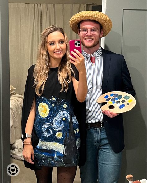 I LOVE art and hand painted this dress last year & had my husband dress up as Van Gogh and loved how it turned out. #easyhalloweencostume #halloweencostumeswomen #halloweencostumescollege #DIY #DIYcostume #artsycouplescostume #halloweencostume #couplescostumeideas #halloweencostumesforteens Follow my shop @Grace_Messer on the @shop.LTK app to shop this post and get my exclusive app-only content! #liketkit #LTKfamily #LTKxPrime #LTKHalloween @shop.ltk https://liketk.it/4kiog Van Gogh Couple Costume, Famous Art Costume, Van Gogh And Starry Night Costume, Starry Night Halloween Costume, Famous Painting Costume, Van Gogh Halloween Costume, Artsy Costumes, Art Costume Ideas, Starry Night Costume