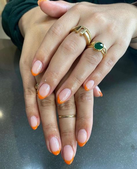 French Manicure With Orange Tips, French Nails With Coloured Tips, French Tip With Colour, French Nails Orange Tips, Orange French Tip Gel Nails, Orange French Tip Short Nails, French Manicure Orange Tips, Colorful French Almond Nails, Orange Tipped Nails