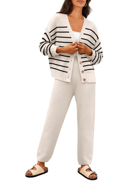 PRICES MAY VARY. You'll look cute whether you're staying in or going out with a versatile look like our cardigan lounge set! This set is so cute on and allows for whatever top you choose to go under the cardigan (tight/loose). You could easily wear the top or sweats with separate outfits. Sweater looks great with jeans to wear out, then transition to set bottoms for home or wear the full set out at the beach. Features: Top: oversized cardigan; Pants: tapered silhouette, pull-on style. Perfect fo Cardigan Athleisure Outfit, Winter Work From Home Outfit, Cute At Home Outfits, Simple Outfits Spring, Home Outfit Women, Postpartum Outfits, Lounge Sets For Women, Lounge Wear Sets, Sweater Sets