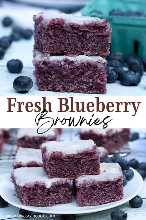 Moist and dense blueberry brownies, full of natural blueberry flavor and color! Blueberry Brownies, Blueberry Desserts, Brownies Recipe, Blueberry Recipes, Sweet Snacks Recipes, Yummy Sweets, Eat Dessert, Sweets Desserts, Brownie Recipes