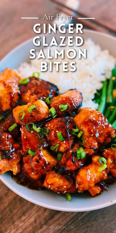 Tender salmon coated with a savoury ginger glaze sauce! This Air Fryer Ginger Glazed Salmon Bites is perfect lunches, dinners, and potlucks! Airfryer Salmon Bites Recipes, Ginger Dishes, General Tso Salmon, Salmon Bites Dinner Ideas, Air Fryer Fish Bites, Honey Glazed Salmon Bites, Glazed Salmon Bites, Baked Salmon Bites Recipes, Healthy Salmon Bites