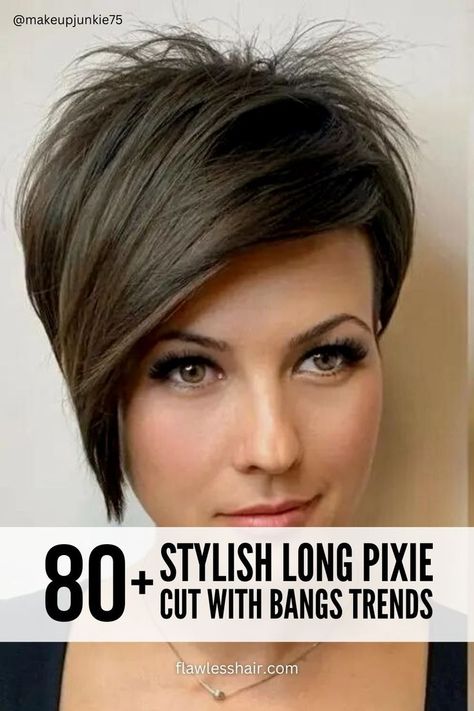 If you're looking for a fresh hairstyle, a long pixie cut with bangs should be your number one pick. It's as versatile, as it is eye-catching and no woman can stay immune to it. Read on to find the inspiration for your big transformation before your next salon appointment. Long Pixie Cut With Bangs, Pixie Long Bangs, Short Hair Long Bangs, Celebrity Pixie Cut, Pixie Cut With Long Bangs, Long Pixie Cut, Layered Pixie Haircuts, Cute Pixie Haircuts, Chic Bob