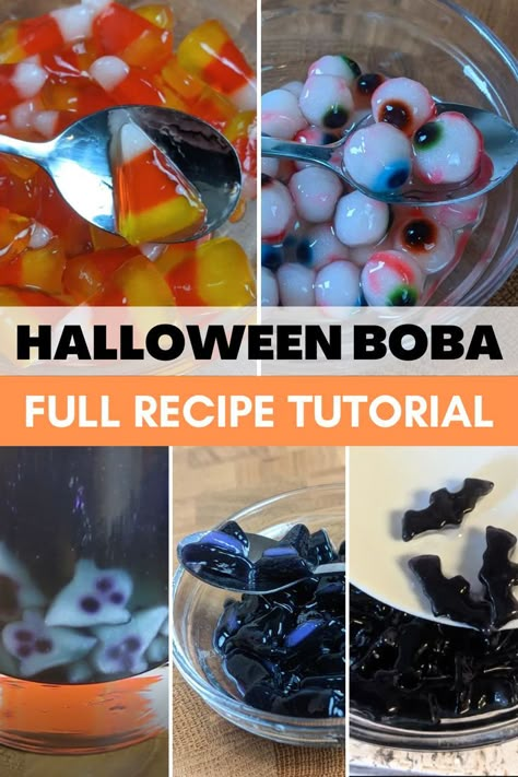 How To Make Boba With Jello, Boba Pudding Recipe, Cooking Boba Pearls, Make Popping Boba, Halloween Boba Tea, Halloween Jello Cups, Halloween Bubble Tea, How To Make Boba Recipe, Boba Pearls Recipes