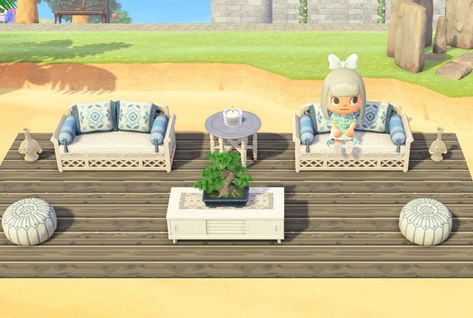 Have a small area on your island you just don't know what to do with? Here's a cute idea! 2 Moroccan Couches and Footrests were used, as well as the table from the set. For Animal Crossing New Horizons Animal Crossing Couch Design Code, Seating Area Animal Crossing, Animal Crossing Seating Area, Animal Crossing Furniture Sets, Picnic Blanket Animal Crossing, Moroccan Couch, Animal Crossing Pocket Camp Camper Ideas, Beach Lounge, Animal Crossing Pocket Camp