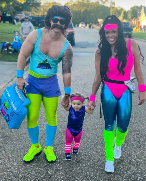 Retro Family Halloween Costumes, 80s Workout Family Costume, 80s Theme Party Outfit For Couples, Toddler Workout Costume, Halloween Costumes 80s Workout, 80s Workout Costume Men, 80 Workout Costume, 80s Workout Costume Couple, 80s Party Costumes Couples