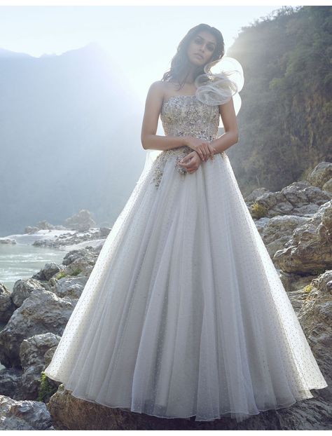 Grey Ermah Organza Gown by DOLLY J Available at Ogaan Online Shop Dolly J, Bridal Maxi Dress, Organza Gown, Grey Gown, Ruffled Feathers, Organza Embroidery, Organza Gowns, Gown For Women, Stylish Wedding Dresses