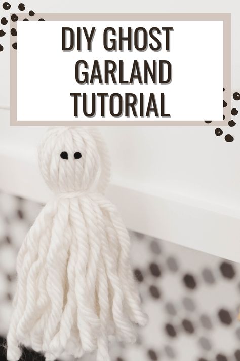 A cute easy halloween decor project. This DIY is super easy and only uses a few supplies and is really inexpensive. halloween diy | halloween decor | halloween projects | Halloween decor on a budget | halloween Yarn Ghost Garland, Ghost Garland Diy, Yarn Ghost, Halloween Ghost Garland, Quick Halloween Crafts, Easy Halloween Decor, Diy Halloween Ghosts, Ghost Garland, Diy Ghost