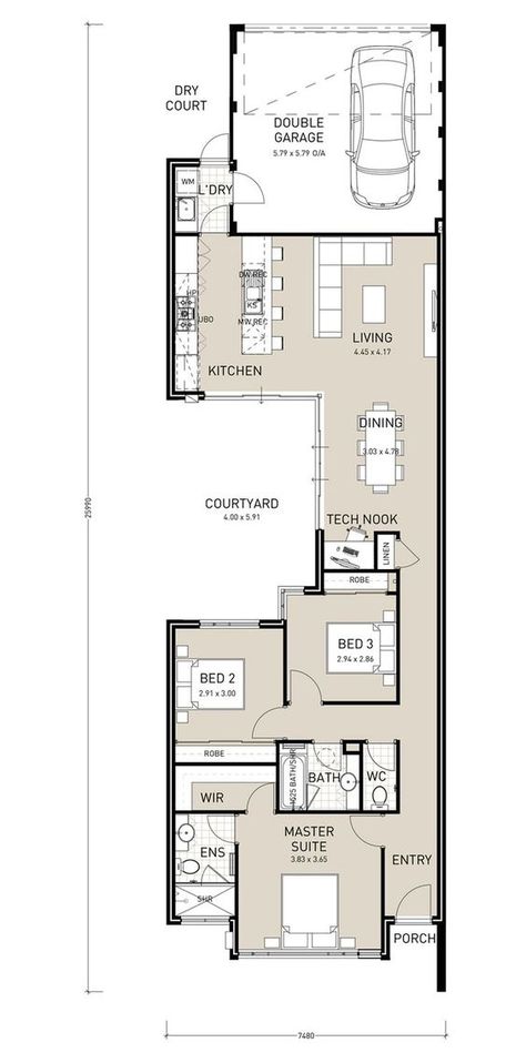 65m2 Apartment, L Shaped House Plans, 2 Bedroom Floor Plans, Duplex Floor Plans, Narrow House Designs, Narrow House Plans, Narrow Lot House, Entry Kitchen, Narrow Lot House Plans