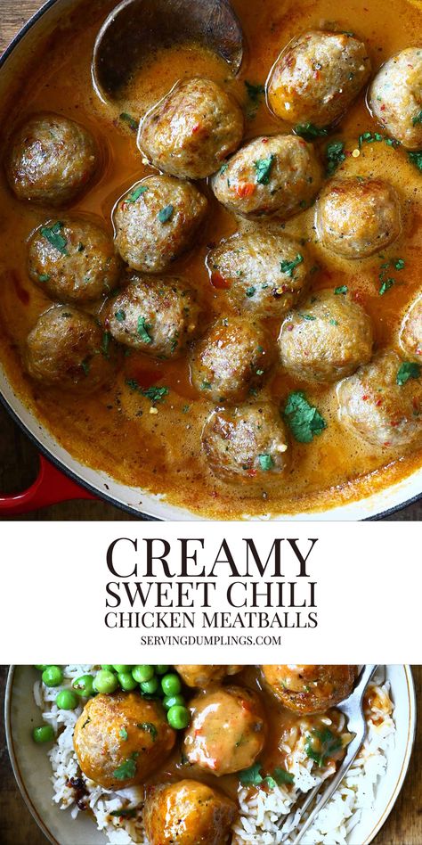 Creamy Sweet Chili Chicken Meatballs Chicken Meatballs In Sauce, Sweet Chili Sauce Chicken, Wellness Foods, Serving Dumplings, Meatball Dishes, Liver Pate, Minced Chicken, Sweet Chili Chicken, Grill Chicken