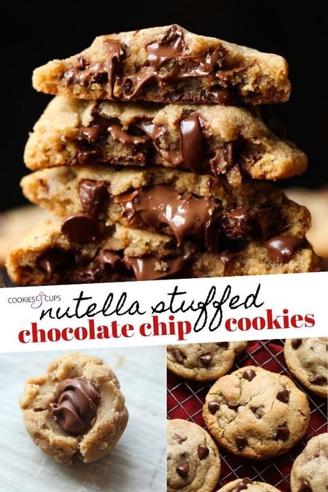 These Nutella Stuffed Chocolate Chip Cookies are SO Delicious! They are a brown butter chocolate chip cookie recipe with a thick, gooey layer of Nutella baked right in. A MUST MAKE! #cookiesandcups #nutella #cookies #chocolatechipcookies #stuffedcookies #nutellacookies #cookierecipe Nutella Filled Cookies Recipe, Cookies With Nutella, Chunky Cookies, Nutella Chocolate Chip Cookies, Stuffed Chocolate Chip Cookies, Nutella Cookie, Best Oatmeal Cookies, Biscuits Diététiques, Brown Butter Chocolate Chip Cookies