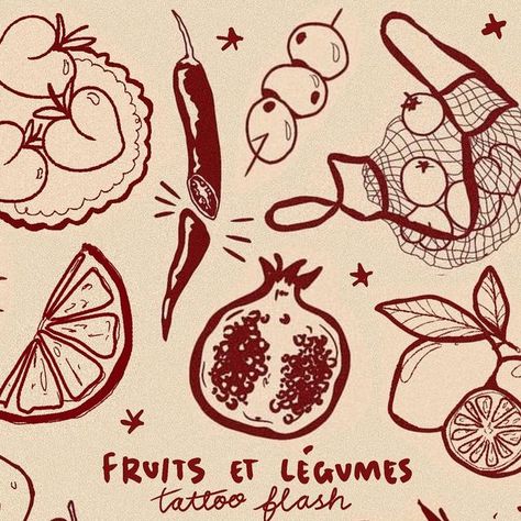 abbie on Instagram: "FRUITS ET LÉGUMES🍒🥝🍑🍇🍓🫐🍋🫒🌶️ Designs available to be tattooed in London or Manchester! Lil bundle deals available always <3 I also do custom! DM to enquire or book in 😚  Thank you❤️" Fruit Tattoos, Summer Henna, Fruit Sketch, Fruit Tattoo, Fruit Market, London Tattoo, Girly Tattoos, April 25, Wedding Art