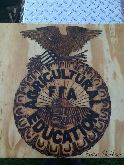 FFA Emblem wood burned in plywood and donated to my FFA Chapter. 4-h Static Projects, Ffa Designs, Ffa Emblem Project Ideas, Ffa Signs, Ffa Advisor Gifts Ideas, Ffa Svg, Agriscience Fair Projects Ffa, Ffa Creed, Ffa Emblem