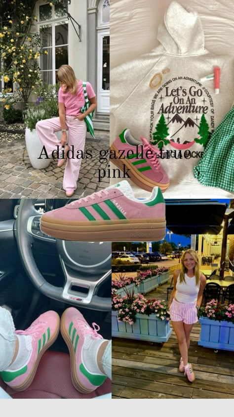 Pink And Green Gazelle Adidas Outfit, Pink And Green Gazelles, Pink Adidas Outfit, Green Puma Shoes, Puma Shoes Outfit, Green Shoes Outfit, Gazelle Outfit, Pink Gazelles, Adidas Gazelle Outfit