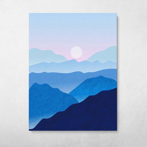 Misty Mountains simple flat illustration modern abstract wall art on gallery wrapped canvas. Calm Paintings Easy, Modern Simple Painting, Mountain Simple Painting, Abstract Mountains Painting, Simple Artwork Ideas, Mountain Canvas Painting Easy, Simple Mountain Painting, Mountain Painting Simple, Easy Mountain Painting