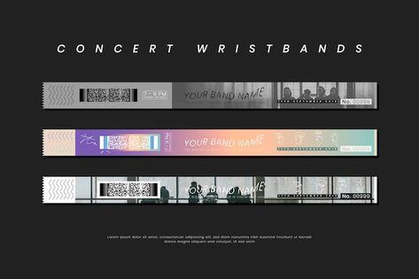 Boy band concert wristband template set | Premium Vector #Freepik #vector #rock-concert #live-band #music-illustration #live-concert Concert Wristband, Paper Wristband, Wristbands Festival, Wristband Template, Id Card Lanyard, Wristband Design, Poster Design Layout, Ticket Design, Music Illustration