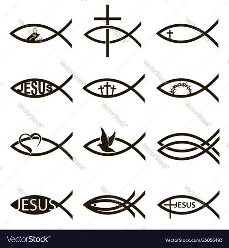 Jesus fish set vector image Christian Fish Tattoos, Jesus Fish Symbol, Christus Tattoo, Catholic Tattoos, Bible Tattoos, Tiny Wrist Tattoos, Christ Tattoo, Irish Symbols, Forearm Band Tattoos