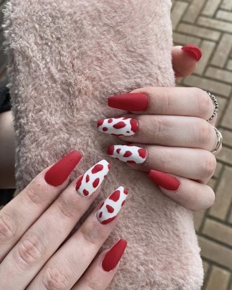 Red Cow Print Nails Acrylic, Red Cow Nails, Red Cow Print Nails, White Almond Nails, Cow Nails, White Cow, Red Strawberry, Prom Nails, Nail Inspiration