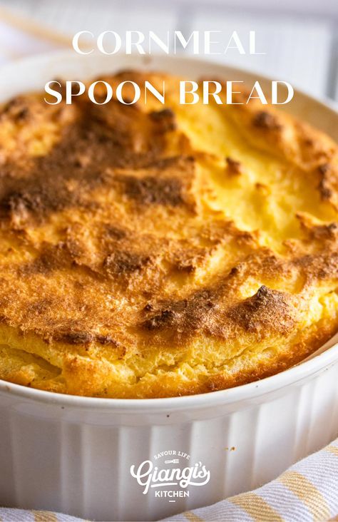 Cornmeal Spoon Bread Cornmeal Dessert Recipes, Cornmeal Mush Recipe, Mush Recipes, Spoon Bread Recipe, Cornmeal Mush, Cornmeal Bread, Grains Recipes, Cornmeal Recipes, Spoon Bread