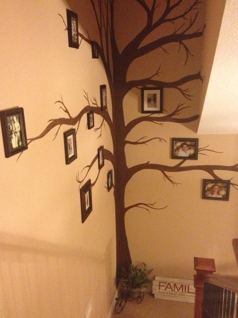 The family tree wall my daughter helped me paint! Tree Display Ideas, Family Tree Wall Painting, Family Tree Display, Wall With Pictures, Tree On The Wall, Tree Wall Painting, Family Tree Ideas, Family Tree Designs, Family Tree Art