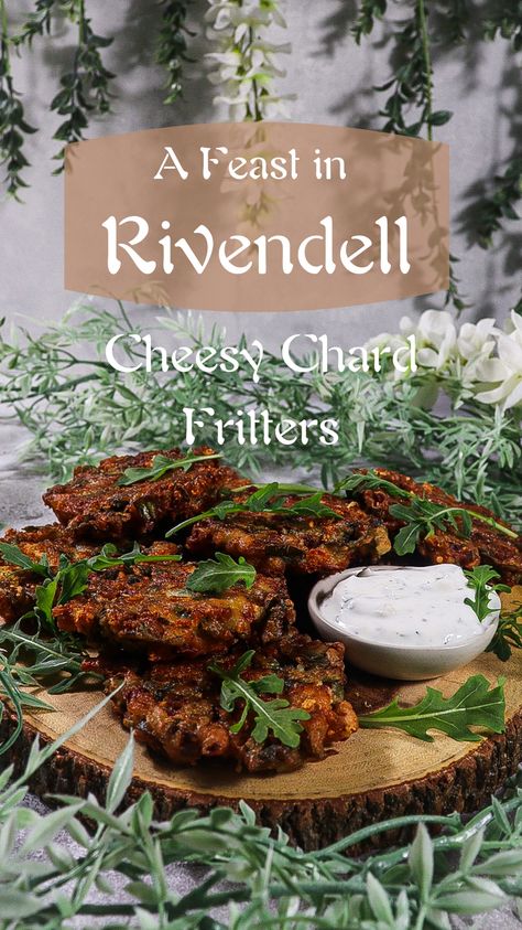 Chard Fritters, Elven Food, Taverns Recipe, Movie Inspired Recipes, Hobbit Food, Yogurt Dipping Sauce, Garlic Yogurt, Medieval Recipes, Geek Food