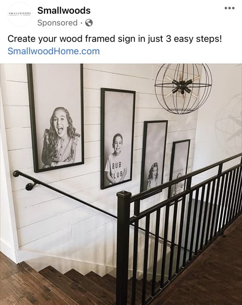 Small Woods Pictures Stairs, Picture Wall Ideas Going Upstairs, Family Photos Up Staircase, Wall At Bottom Of Stairs Decor, Wall Going Up Stairs Decor, Above The Stairs Wall Decor, Large Wall Above Stairs, End Of Stairs Wall Decor, Wall Decor For Stair Walls