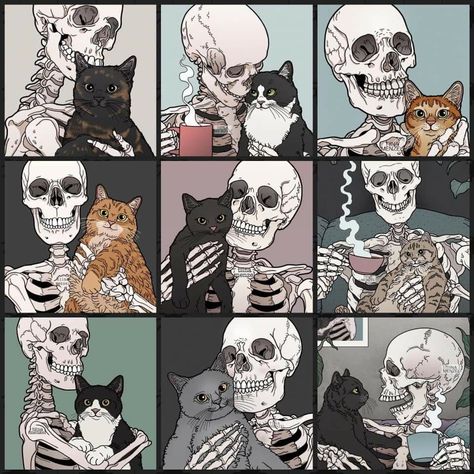 Cats And Skeletons Wallpaper, Spooky Cat Aesthetic, Cats And Skeletons, Cat And Skeleton Wallpaper, Skeleton Holding Cat Tattoo, Cat Skull Wallpaper, Spooky Cat Art, Cat Being Pet, Skeleton Cat Drawing