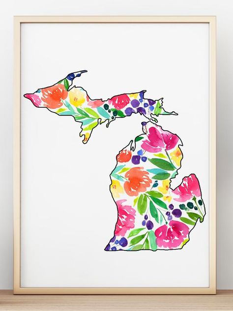 Michigan map watercolor floral design. State of Michigan painting. Michigan map print. Michigan post Michigan Painting, Michigan Poster, Michigan Map, Map Watercolor, Michigan Art, State Of Michigan, Pure Michigan, Map Design, Watercolor Design