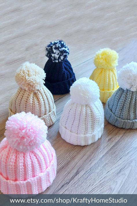 Newborn hat with pom pom Crochet Baby beanie New parents gift Baby Grandparents announcement Pregnancy reveal to family personalized message Pregnancy Reveal To Family, New Parents Gift, Hat With Pom Pom, Crochet Baby Beanie, Announcement Pregnancy, Crocheted Items, Newborn Hat, Mild Shampoo, Pregnancy Reveal