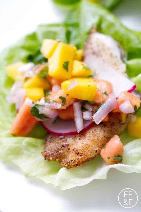 Tilapia Lettuce Wraps with Mango Papaya Salsa | Bon Aippetit Papaya Salsa, Dinner Favorites, Salsa Ingredients, Aip Diet, Autoimmune Protocol, Healthier Recipes, Home Beauty Tips, Allergy Friendly Recipes, Healthy Fish