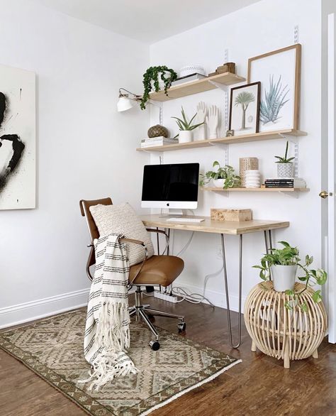 Boho Office Space Workspaces, Cozy Desk Setup, Guest Bedroom Home Office, Guest Bedroom/office, Boho Office, Cozy Desk, Almost Friday, Cozy Home Office, Office Nook