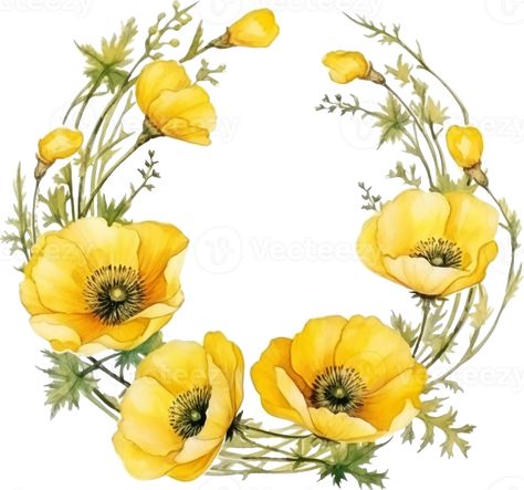 Yellow Poppies Painting, Yellow Poppy Flower, Painted Floral Wreath, Poppy Flower Painting, Poppy Watercolor, Yellow Poppy, Wreath Illustration, Box Crafts, Floral Composition