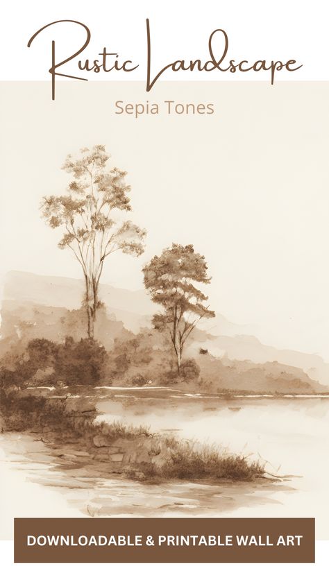 Rustic Landscape Sketch with Sepia Tones Downloadable & Printable Digital Wall Art Sepia Watercolor Paintings, Brown Watercolor Painting, Landscape Drawing Pencil, Sepia Painting, Sepia Drawing, Sepia Watercolor, Sepia Landscape, Sepia Art, Medieval Drawings